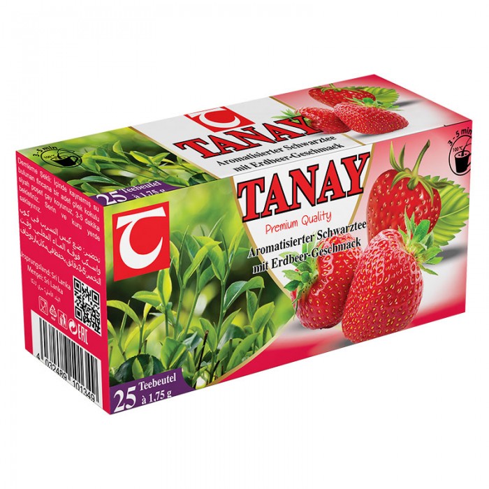 Braškių skonio juodoji  arbata pakeliuose  „Tanay“.