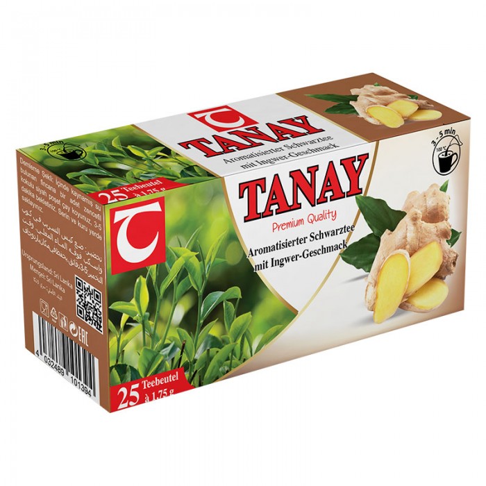 Imbierų skonio juodoji  arbata pakeliuose  „Tanay“.