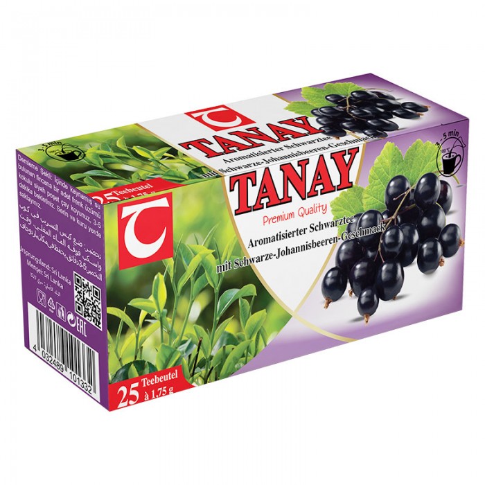 Juodųjų serbentų skonio juodoji  arbata pakeliuose  „Tanay“.