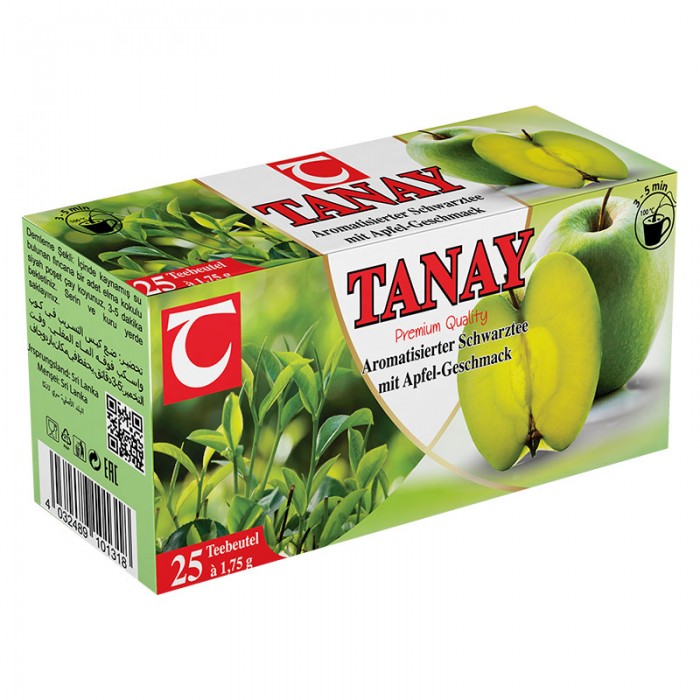 Obuolių skonio juodoji  arbata pakeliuose  „Tanay“.