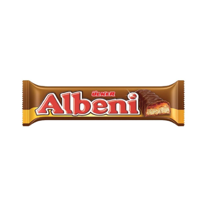 Batonėlis su karamele 26%, sausainiu 28% ir  pienišku šokoladu 31% "Albeni"